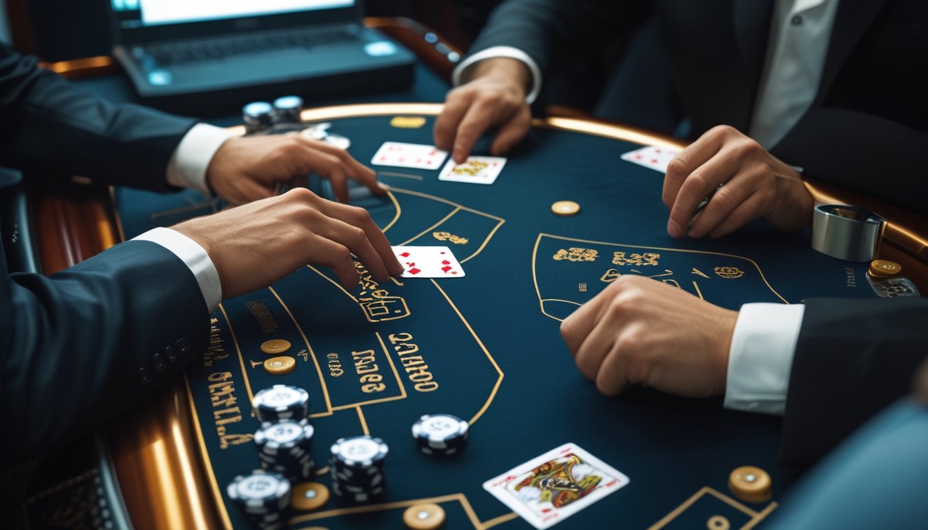 Meja blackjack dengan kartu, keping kasino, dan tangan dealer di depan komputer.