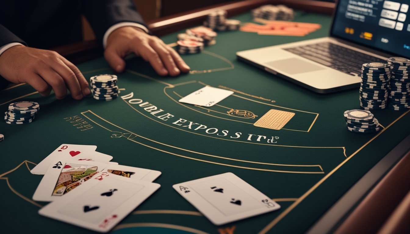 Meja blackjack dengan kartu terbuka, keping kasino, dan laptop dalam suasana analitis.