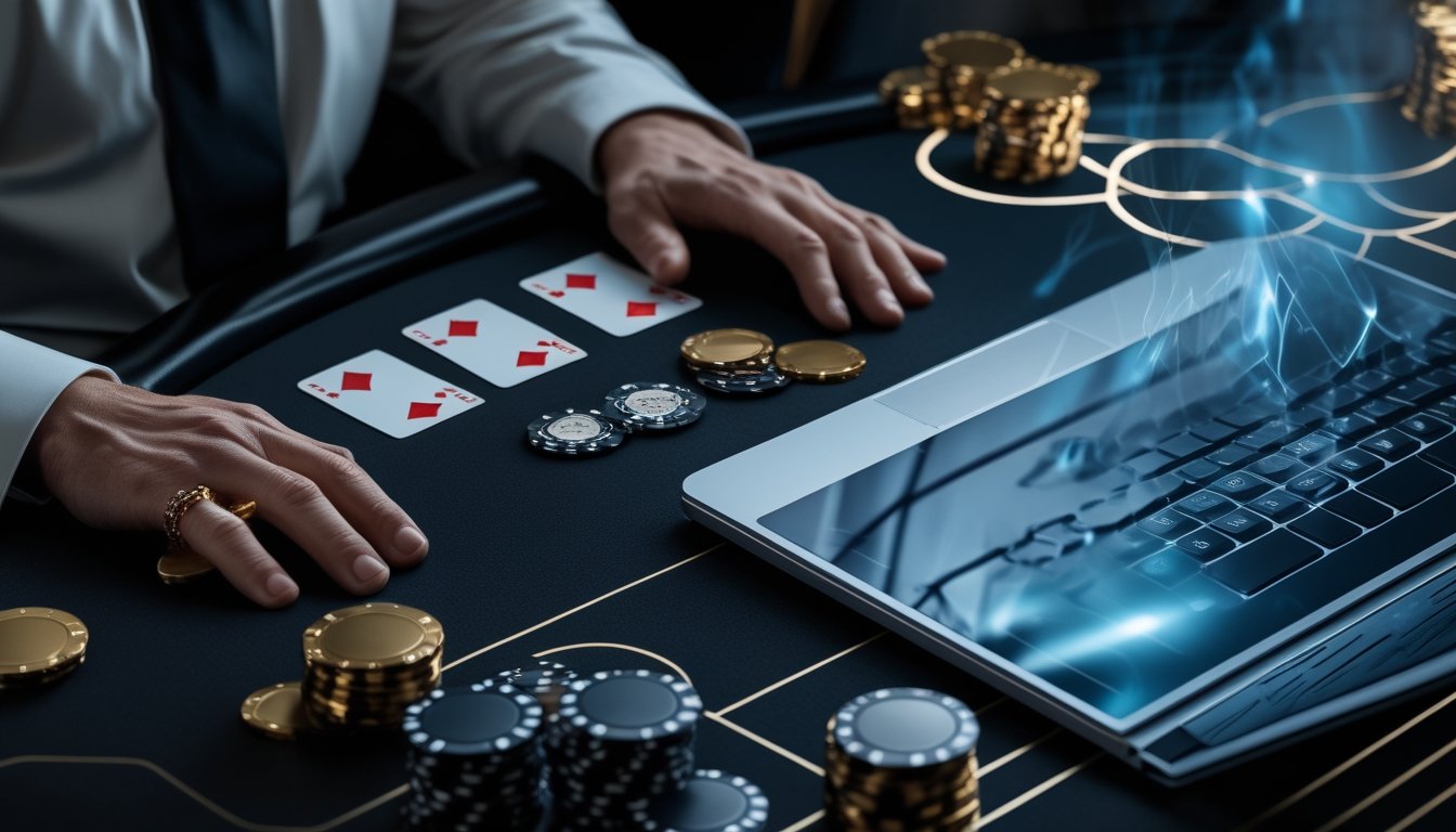 Meja blackjack dengan kartu, keping kasino, dan perangkat digital dalam suasana kasino modern.