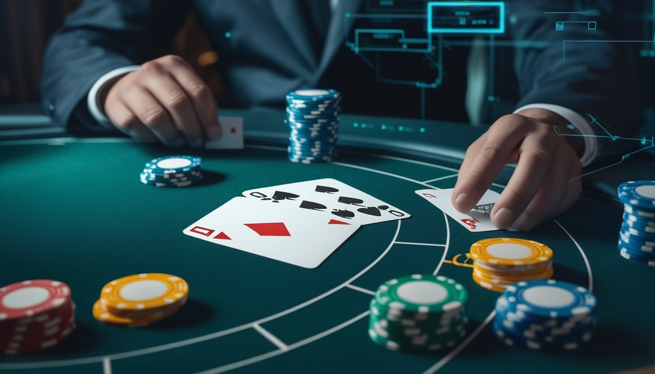 Meja blackjack dengan kartu terbuka, keping taruhan, dan tangan dealer di lingkungan kasino modern.