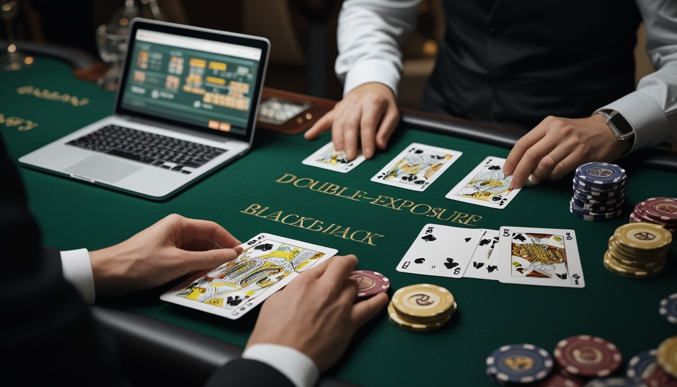 Meja blackjack dengan kartu, keping kasino, dan perangkat digital di sampingnya.