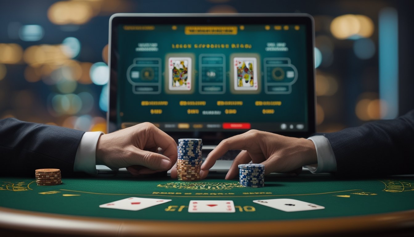 Meja blackjack dengan kartu, keping taruhan, dan perangkat yang menampilkan antarmuka kasino daring secara samar.