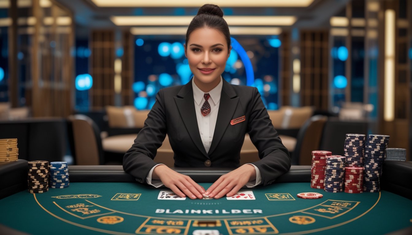 Seorang bandar perempuan profesional melayani permainan blackjack di meja kasino dengan kartu dan keping taruhan.