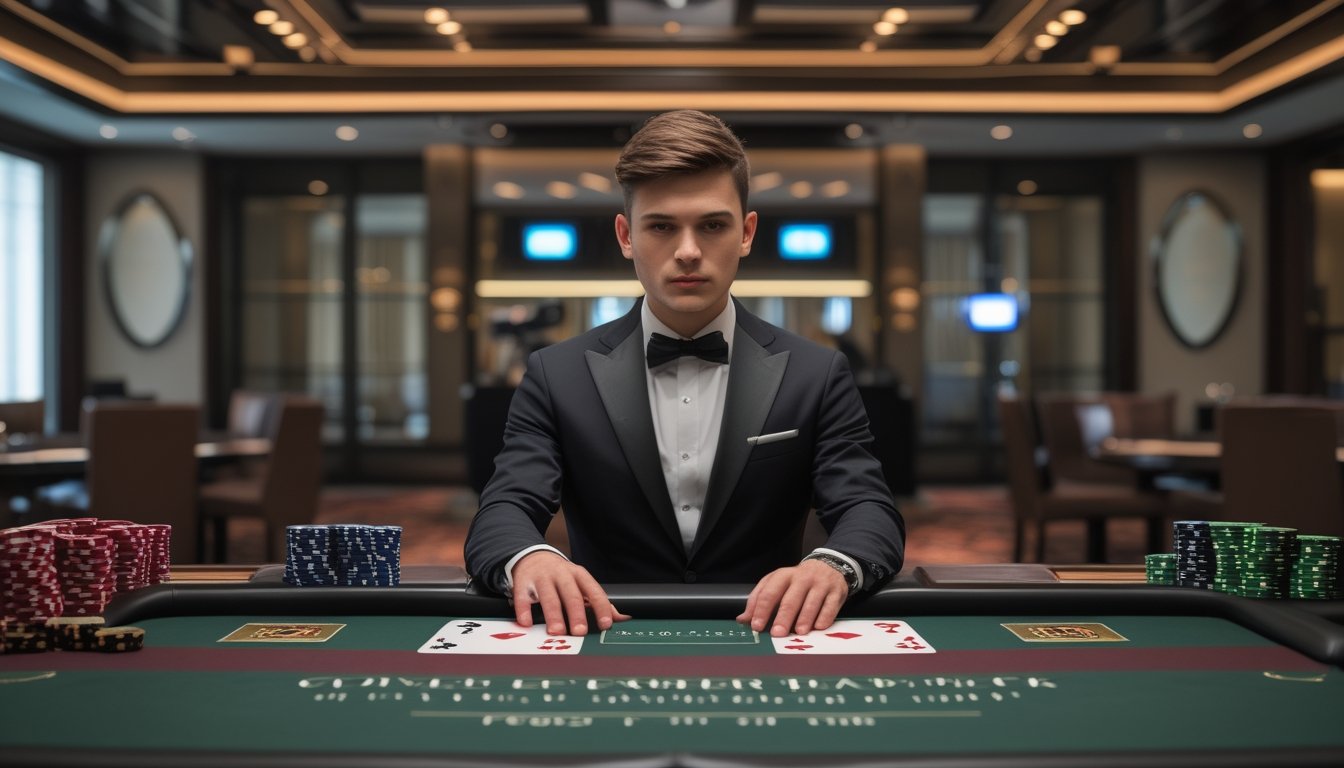 Seorang bandar profesional mengatur kartu terbuka di meja blackjack dengan chip kasino di sekitarnya.