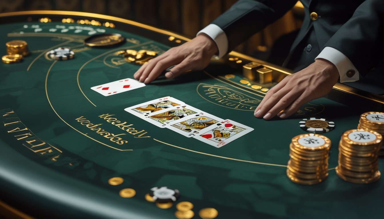 Meja blackjack elegan dengan kartu, keping kasino, dan tangan dealer dalam suasana mewah bernuansa hijau, hitam, dan emas.