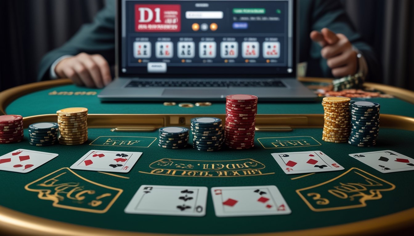 Meja blackjack dengan kartu terbuka, keping taruhan, dan layar permainan kasino daring.
