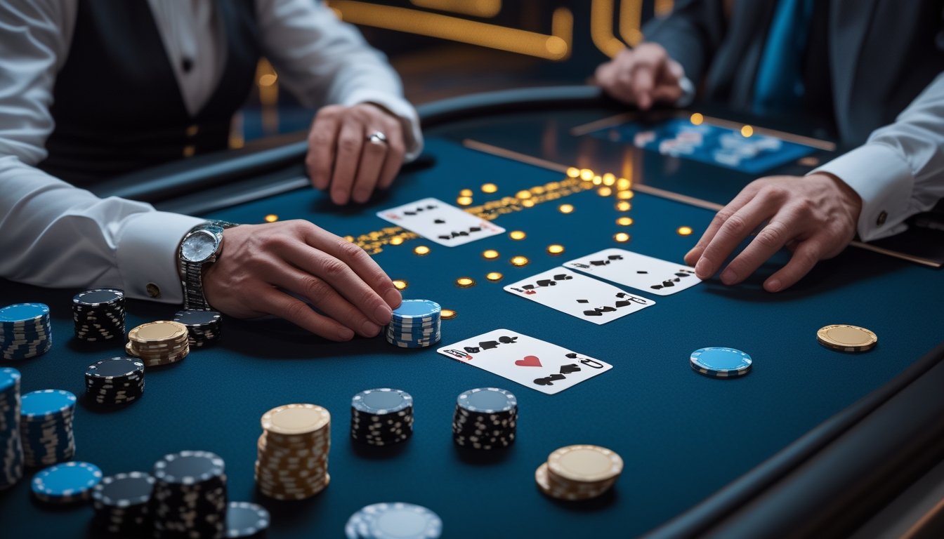 Pemain dewasa duduk di meja blackjack dengan kartu terbuka, keping taruhan, dan suasana kasino modern.