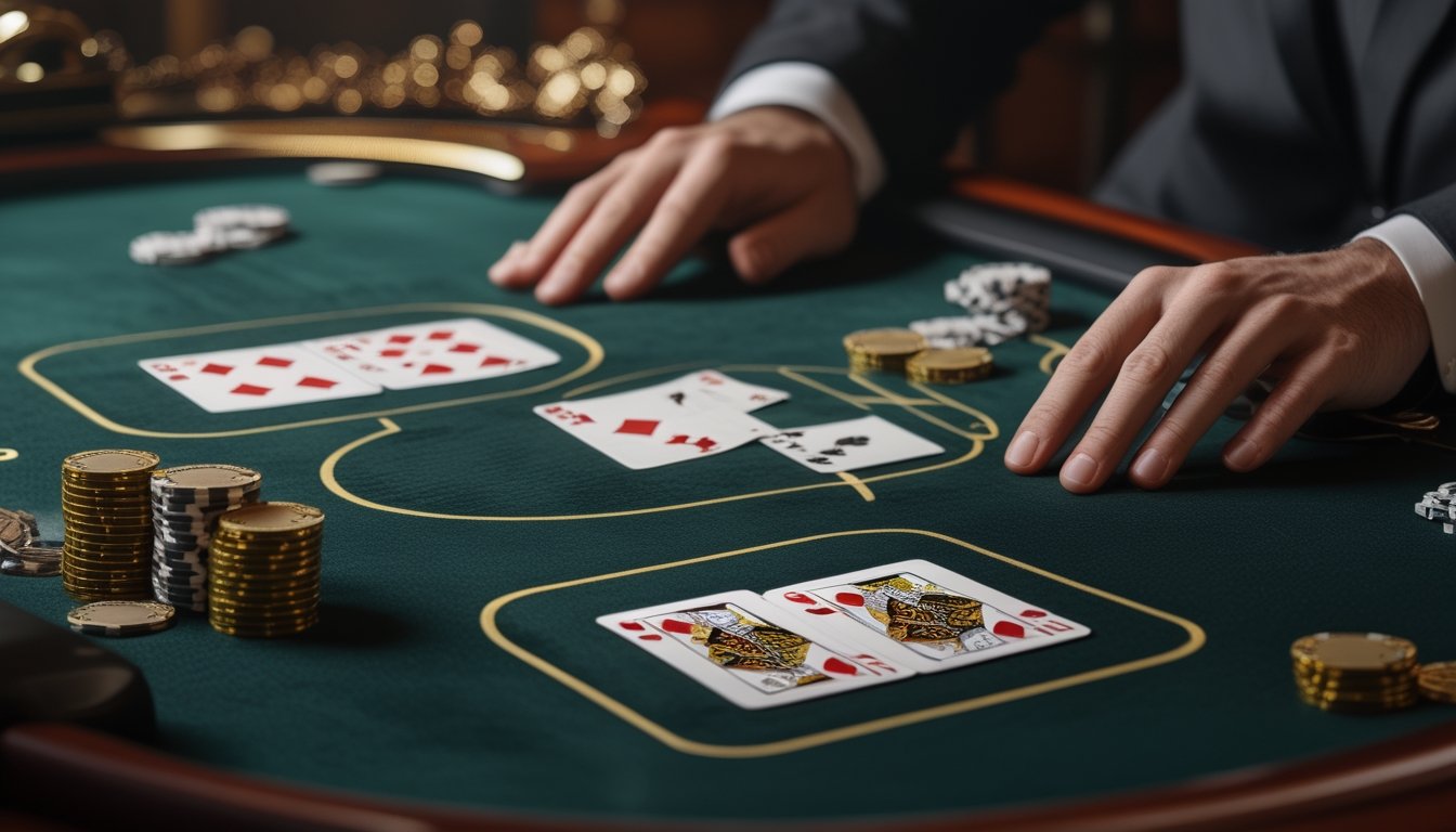 Meja blackjack dengan kartu terbuka, keping kasino, dan perangkat digital di suasana kasino modern.