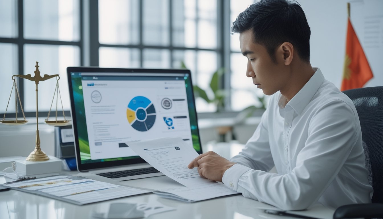 Seorang profesional Indonesia meninjau dokumen hukum dan informasi digital di meja kerja modern.