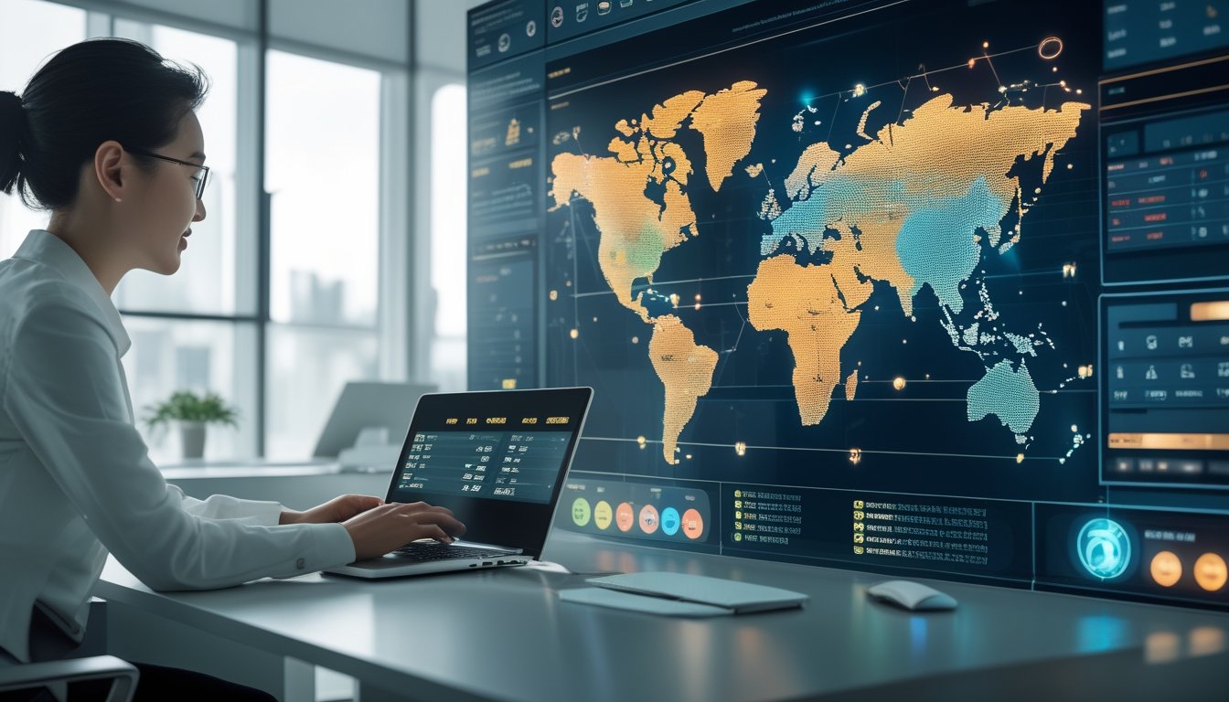 Profesional memeriksa dasbor digital bertema pasar global di kantor modern.