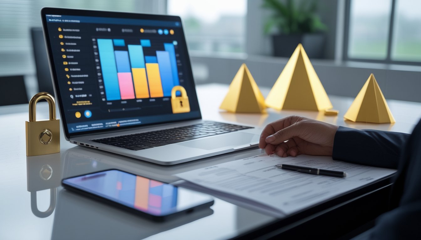 Laptop dan ponsel berada di meja kantor modern dengan simbol gembok dan bentuk geometris emas.