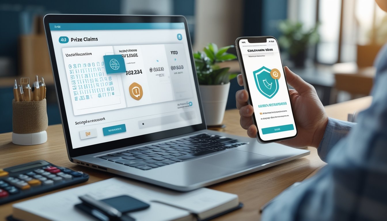 Seseorang memeriksa proses klaim hadiah digital di laptop dan ponsel pada meja kerja.