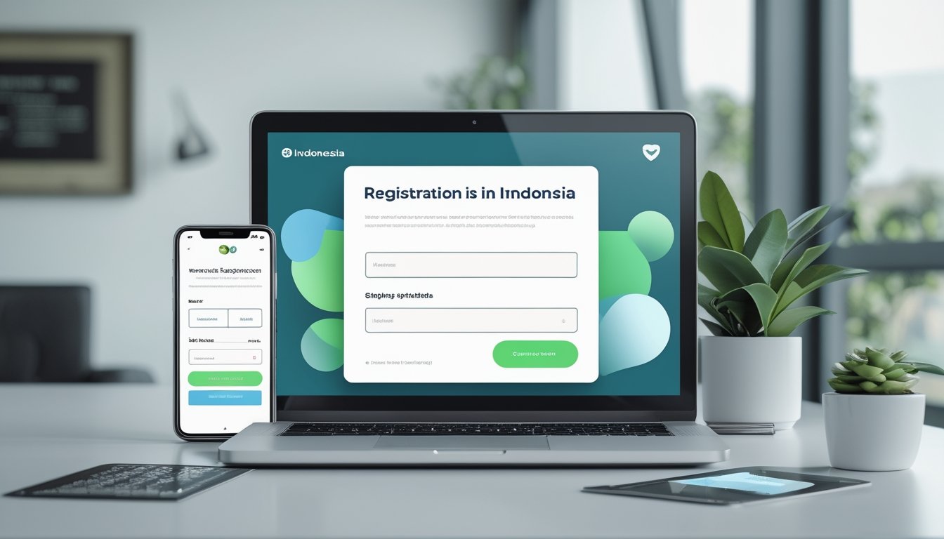Meja kerja modern dengan laptop dan ponsel yang menampilkan formulir pendaftaran digital tanpa teks.