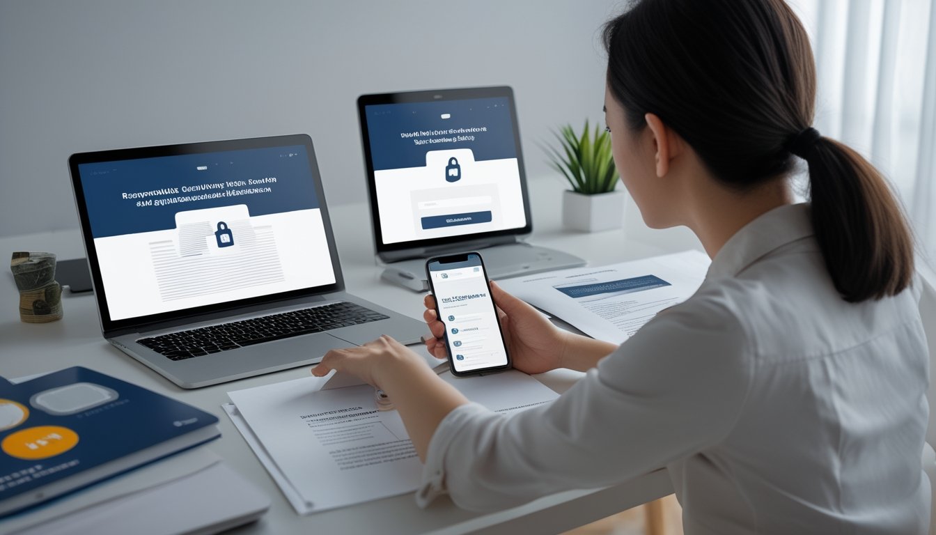 Seseorang meninjau informasi keamanan digital dan peraturan online di meja kerja dengan laptop dan ponsel.