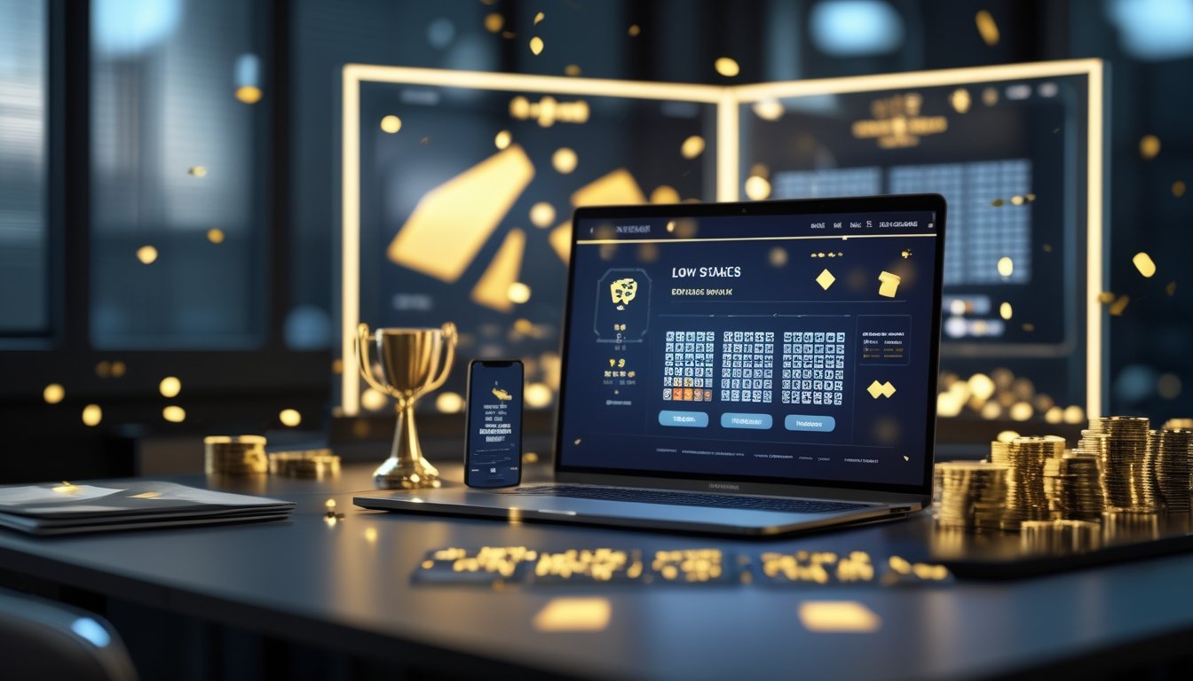 Laptop dan ponsel menampilkan antarmuka permainan digital abstrak dengan koin, cahaya keemasan, dan siluet piala di ruang kerja modern.