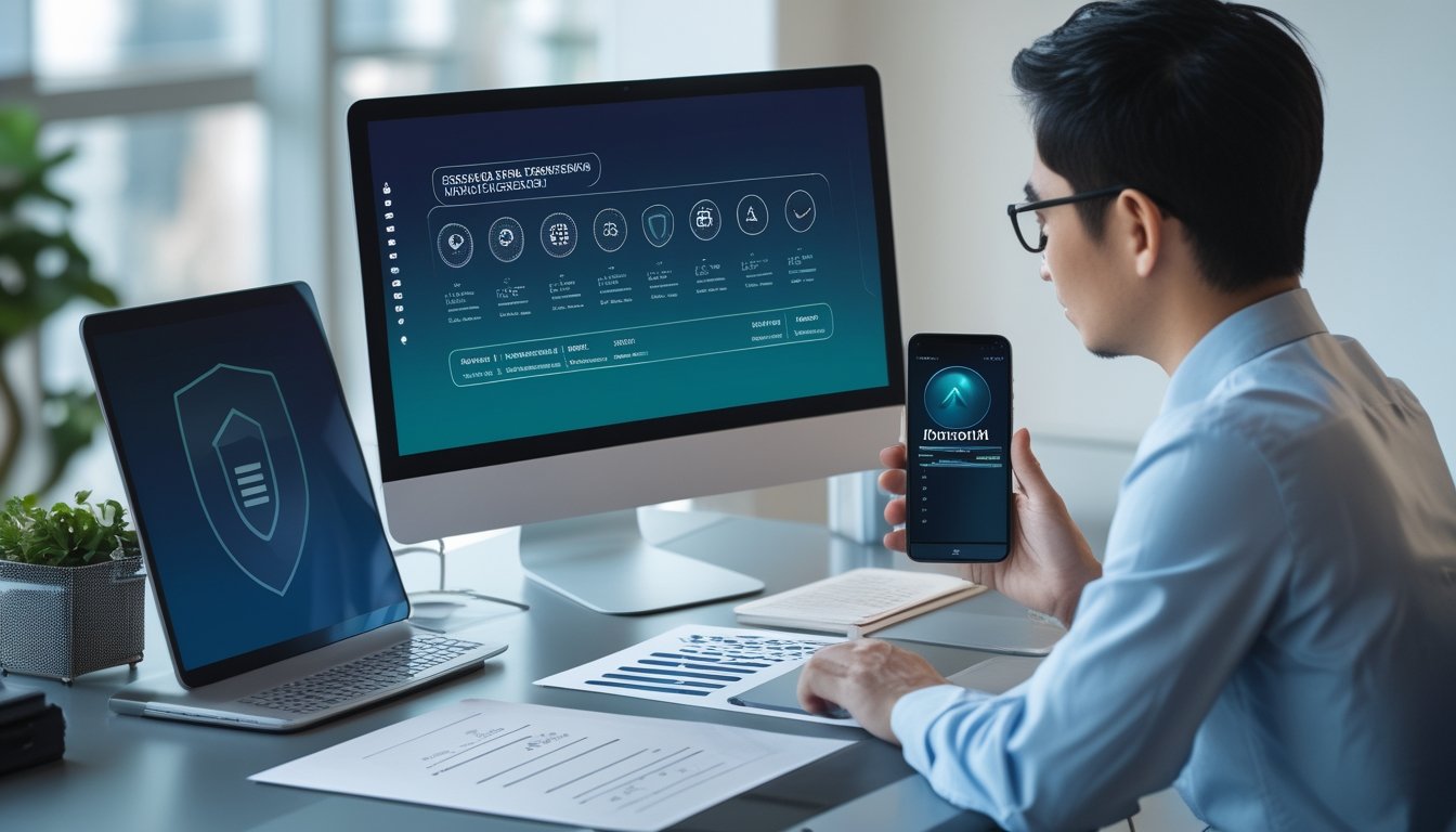 Seorang profesional membandingkan beberapa platform digital di meja kerja dengan simbol keamanan dan daftar periksa.