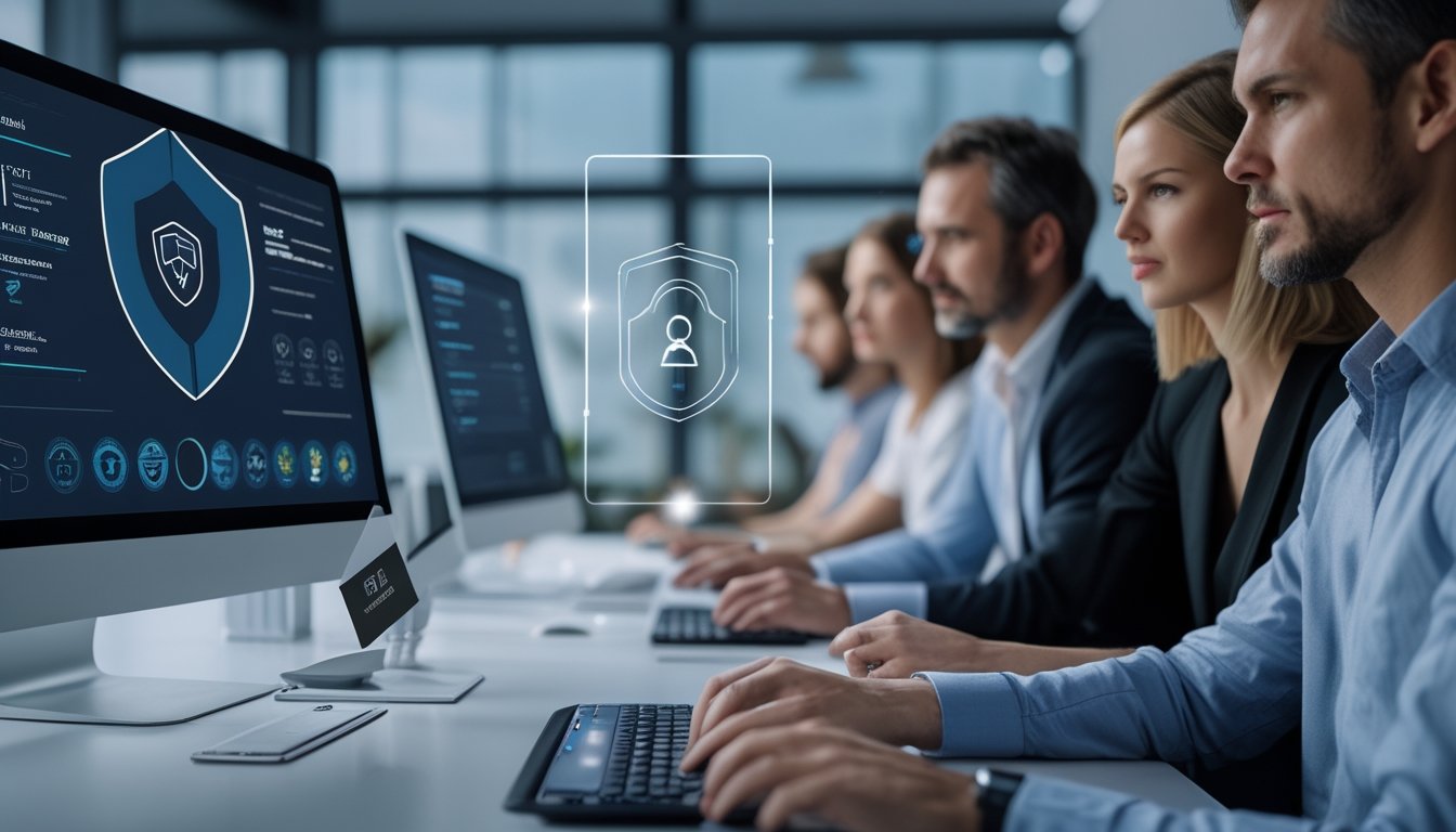 Orang dewasa meninjau keamanan dan dokumen lisensi pada platform permainan digital di kantor modern.