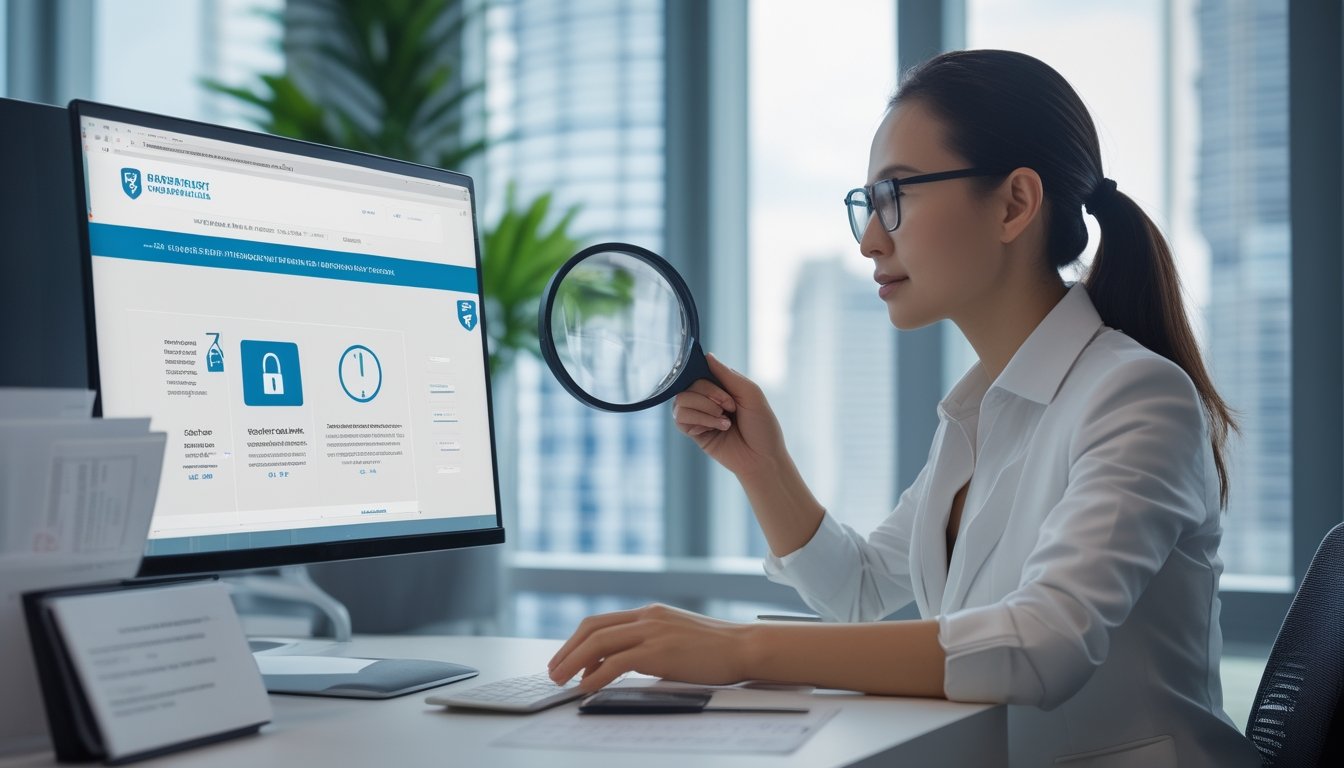 Seorang analis memeriksa keamanan platform digital dengan simbol gembok, perisai, dan dokumen verifikasi di meja kerja.
