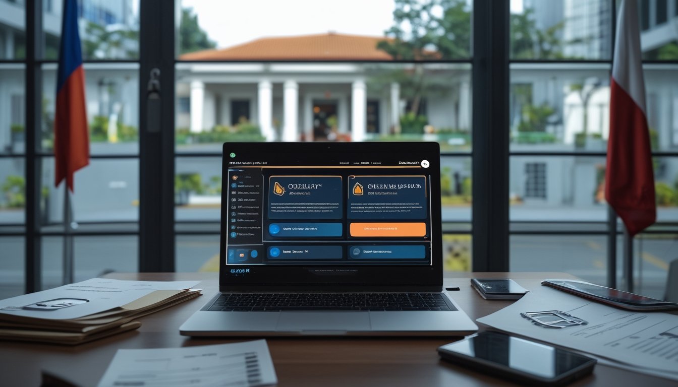 Meja kerja hukum dengan laptop, dokumen, simbol keamanan digital, dan gedung pemerintahan di latar belakang.