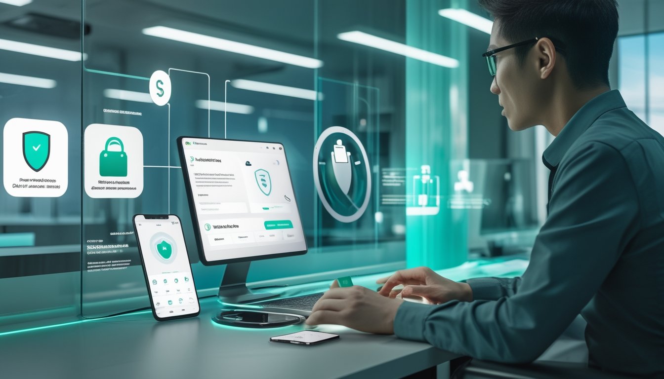 Profesional Indonesia menggunakan laptop dan ponsel dengan simbol pembayaran digital yang aman dan cepat.