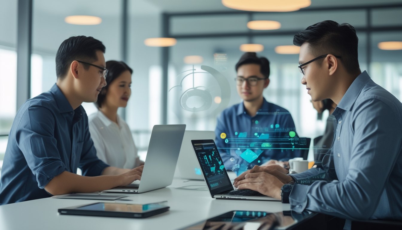 Tim profesional Indonesia meninjau pembayaran digital melalui laptop dan ponsel di ruang kerja modern.