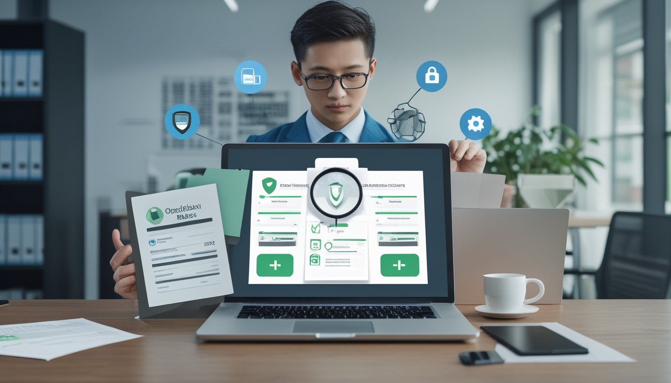 Profesional sedang memeriksa dokumen dan indikator keamanan operator online di laptop.
