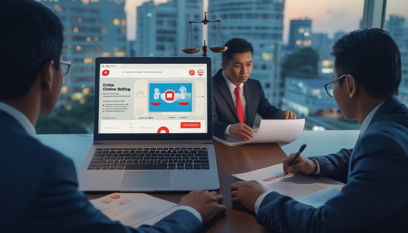 Seorang petugas kepatuhan meninjau dokumen saat beberapa orang melihat perangkat digital terkait perjudian daring.