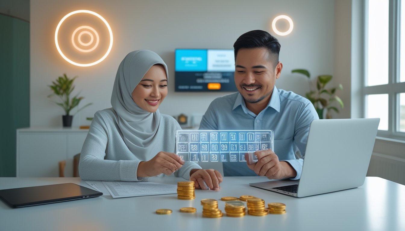 Pasangan dewasa tersenyum melihat laptop dan ponsel di ruang kerja modern dengan uang rupiah dan koin di atas meja.