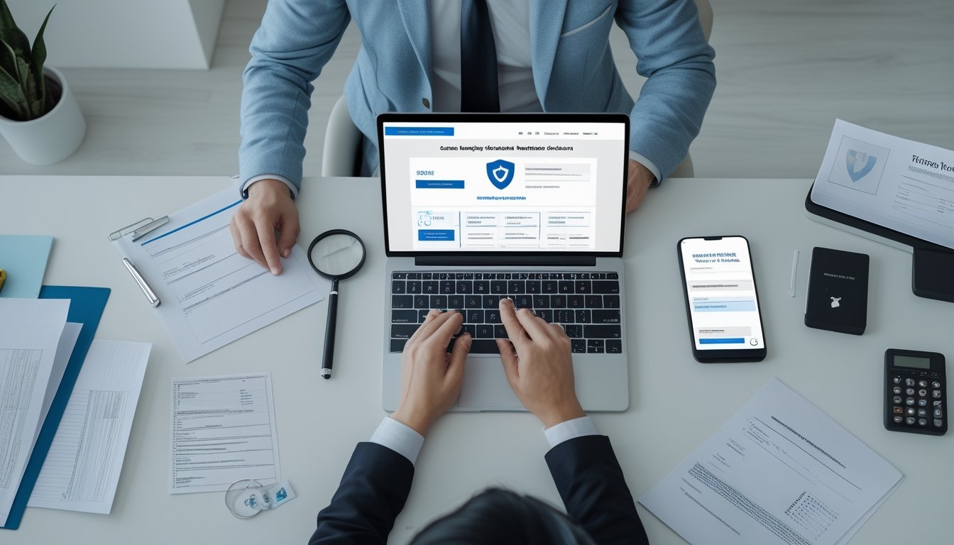 Seorang profesional memeriksa keamanan dan kredibilitas platform digital menggunakan laptop, ponsel, dan daftar periksa.