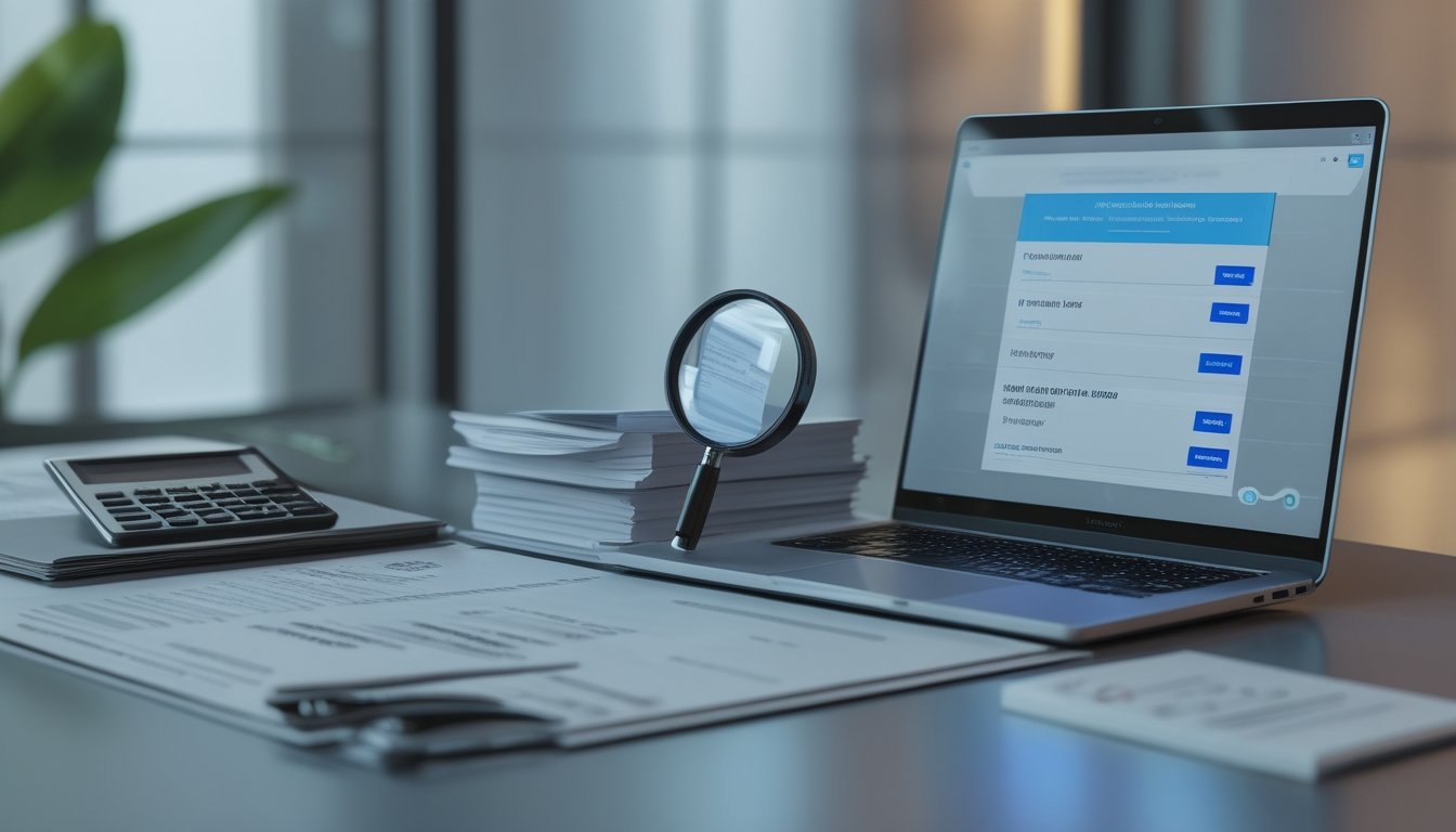 Meja kerja modern dengan laptop, dokumen hukum, ponsel, kalkulator, dan kaca pembesar untuk memeriksa informasi situs daring.