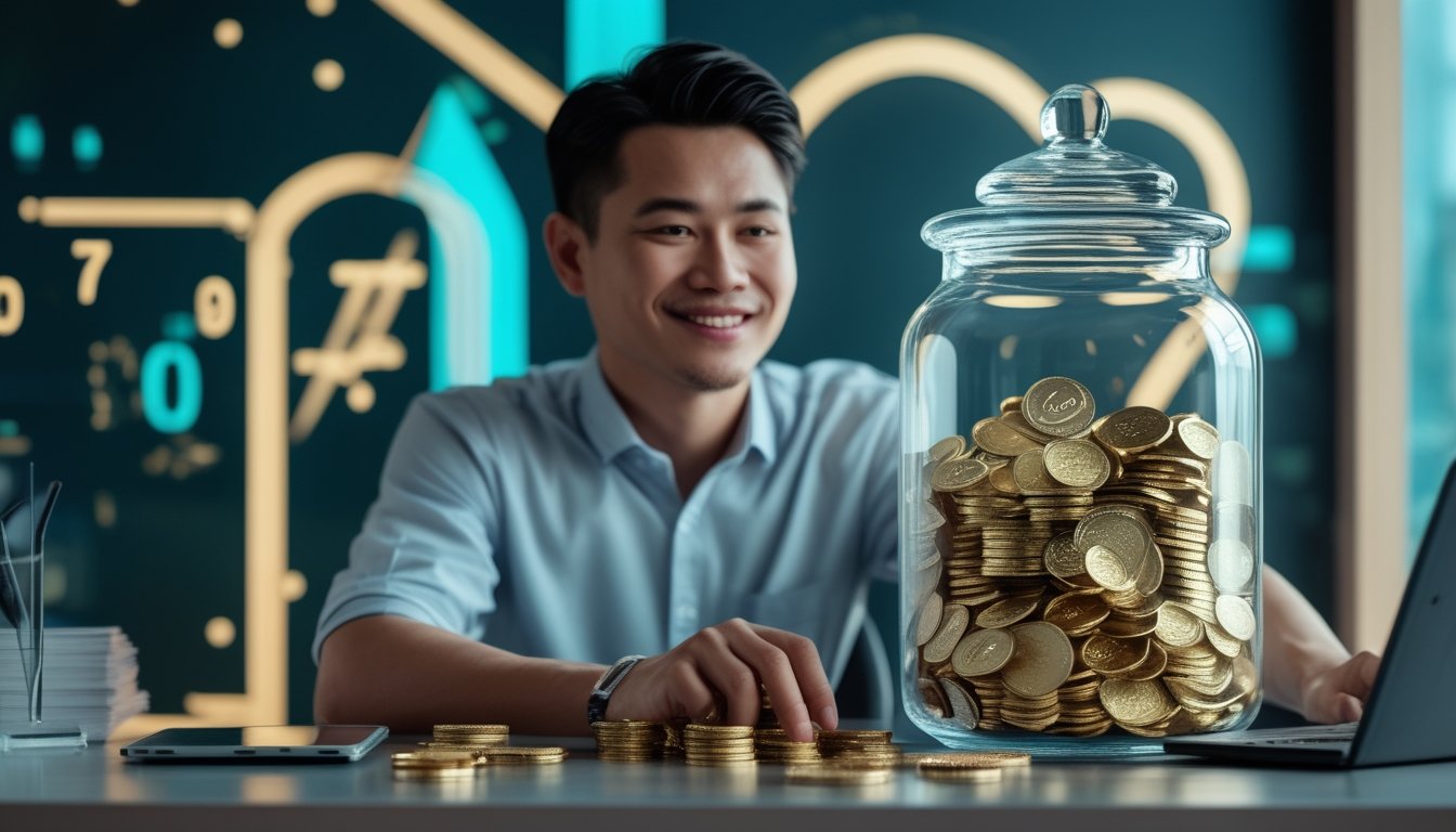 Orang dewasa tersenyum di meja dengan toples koin emas dan token permainan bernomor.