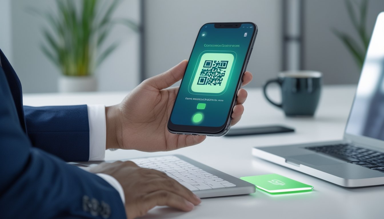 Seseorang menggunakan ponsel untuk melakukan pembayaran digital dengan QR code dan dompet elektronik di meja kerja modern.