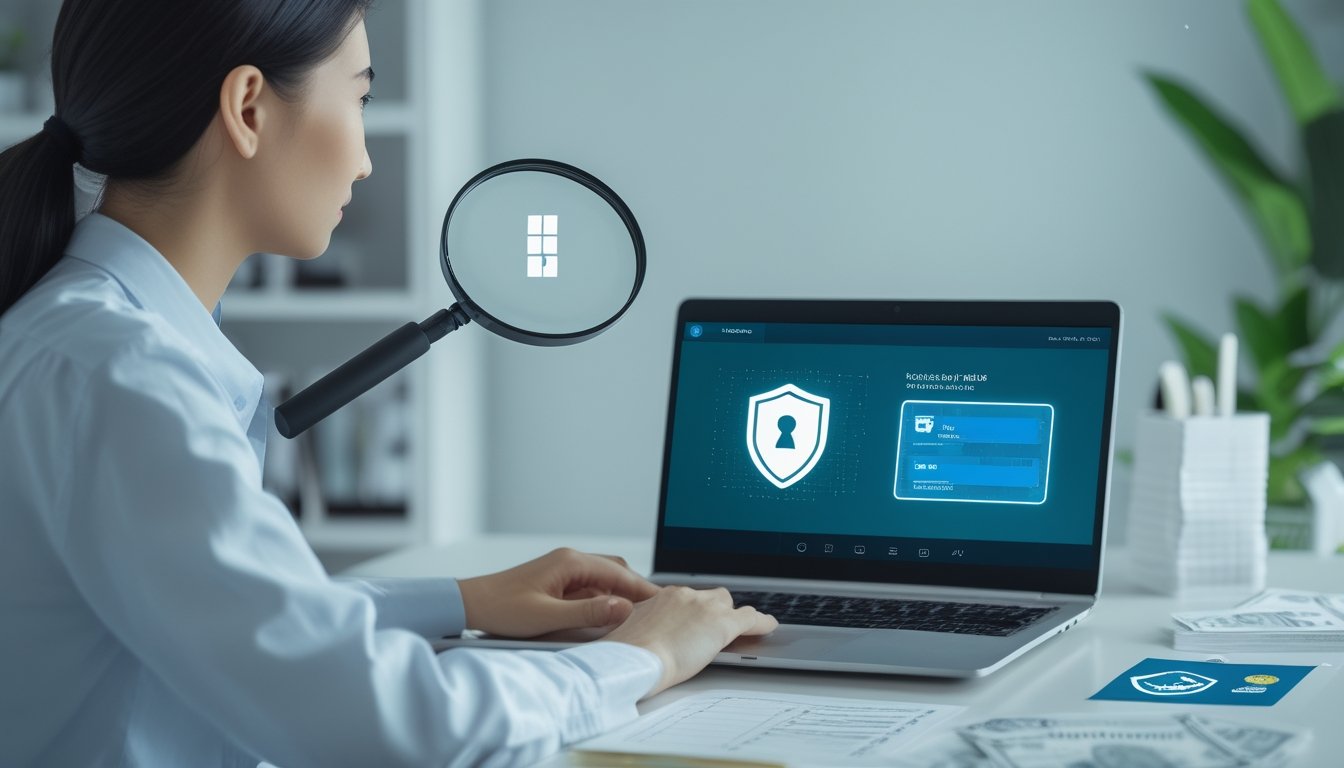 Seorang profesional memeriksa keamanan dan kredibilitas platform digital menggunakan laptop dan ponsel di ruang kerja.