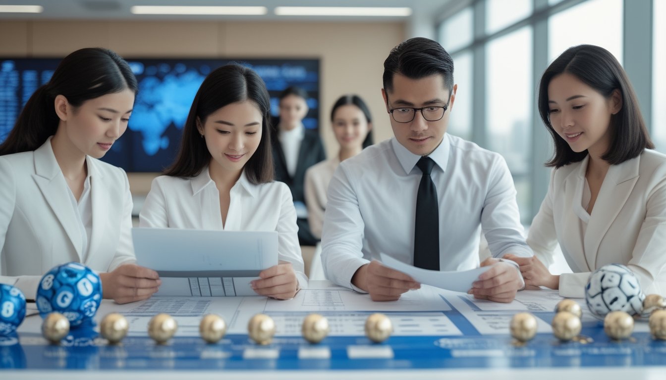 Profesional Asia meninjau dokumen kepatuhan dan data keamanan di kantor layanan lotere resmi.