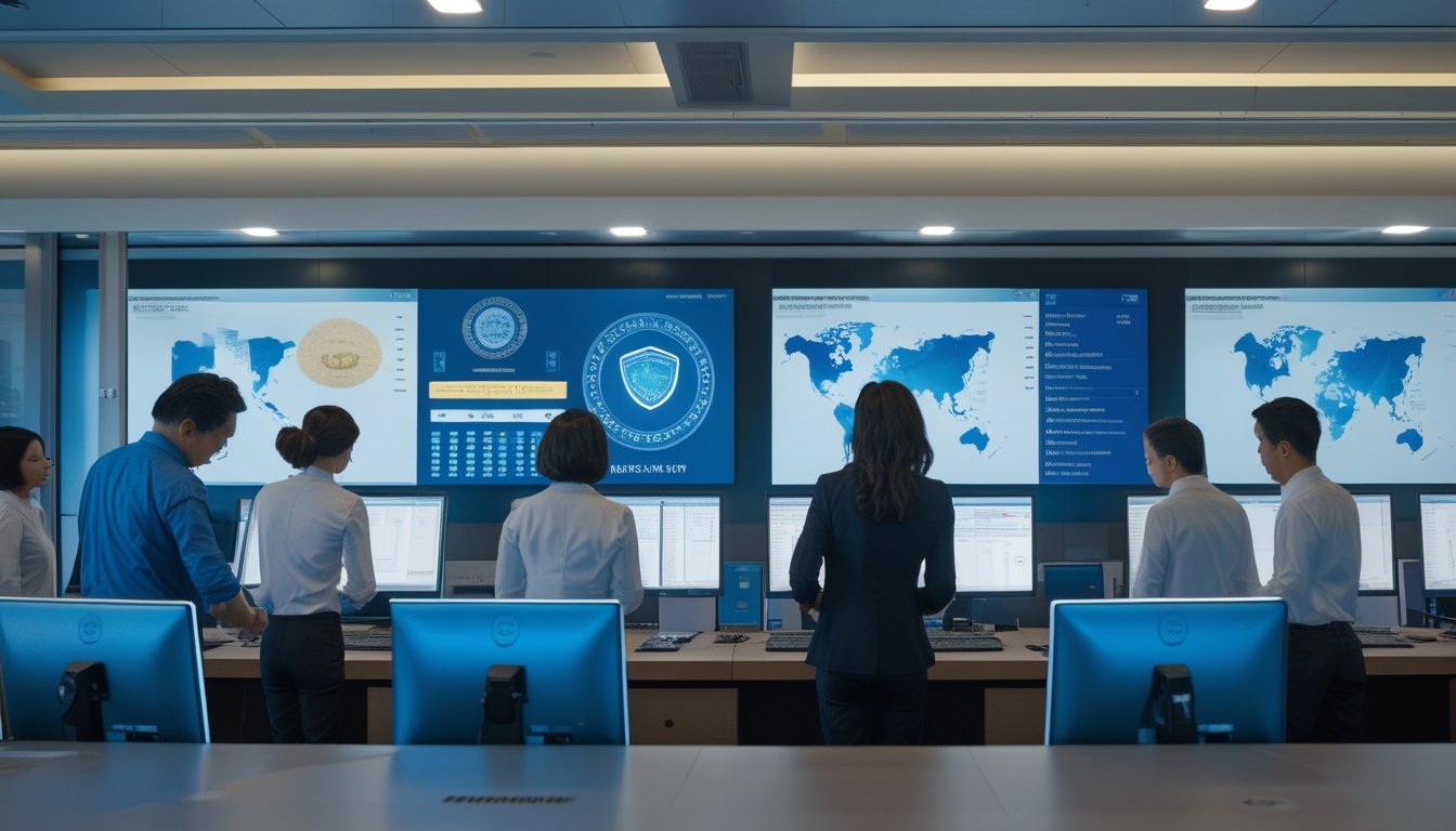 Profesional Asia meninjau dokumen kepatuhan dan sistem keamanan di kantor administrasi lotre modern.