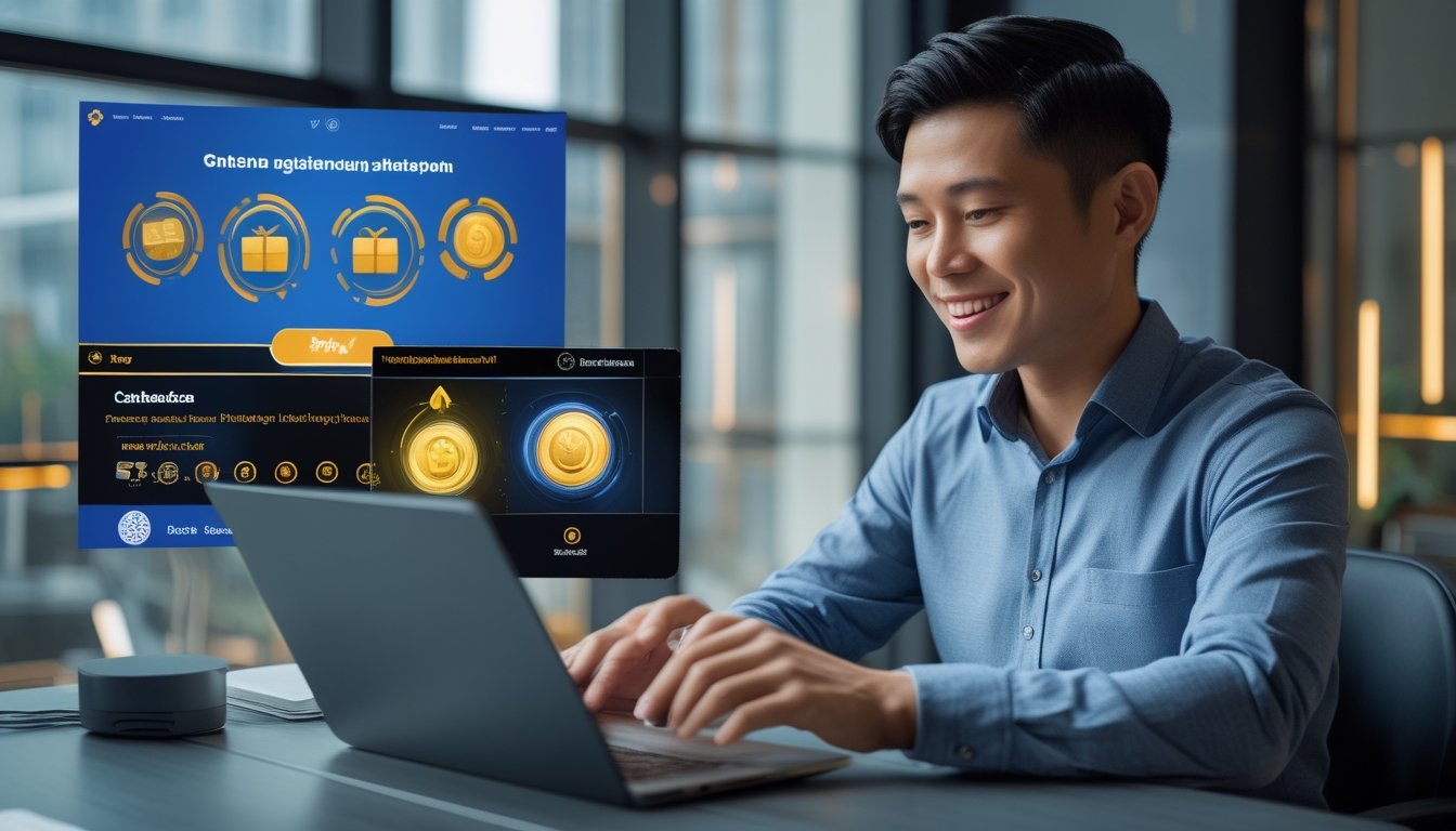 Seorang pengguna dewasa melihat perangkat digital dengan ilustrasi hadiah, koin, dan simbol cashback.