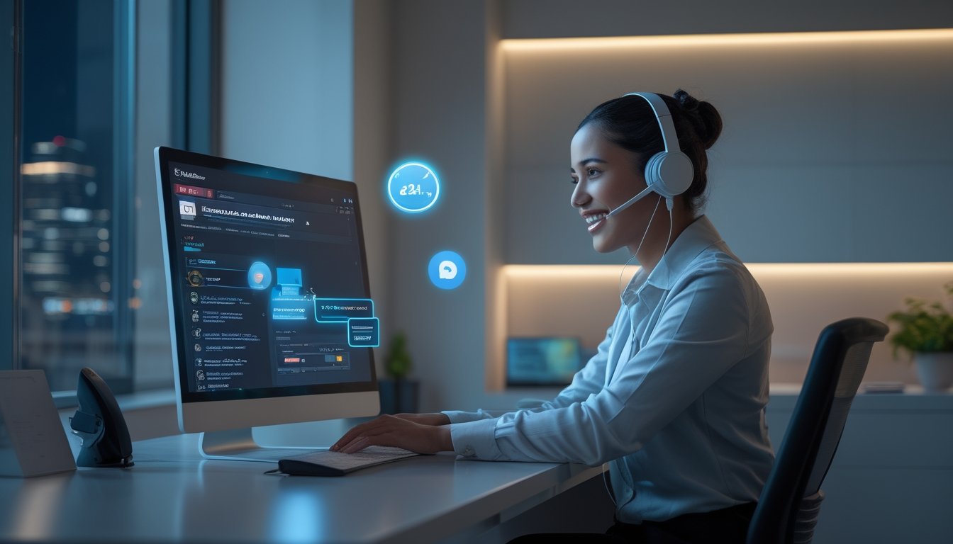 Petugas layanan pelanggan memakai headset membantu pengguna melalui percakapan daring di kantor modern pada malam hari.