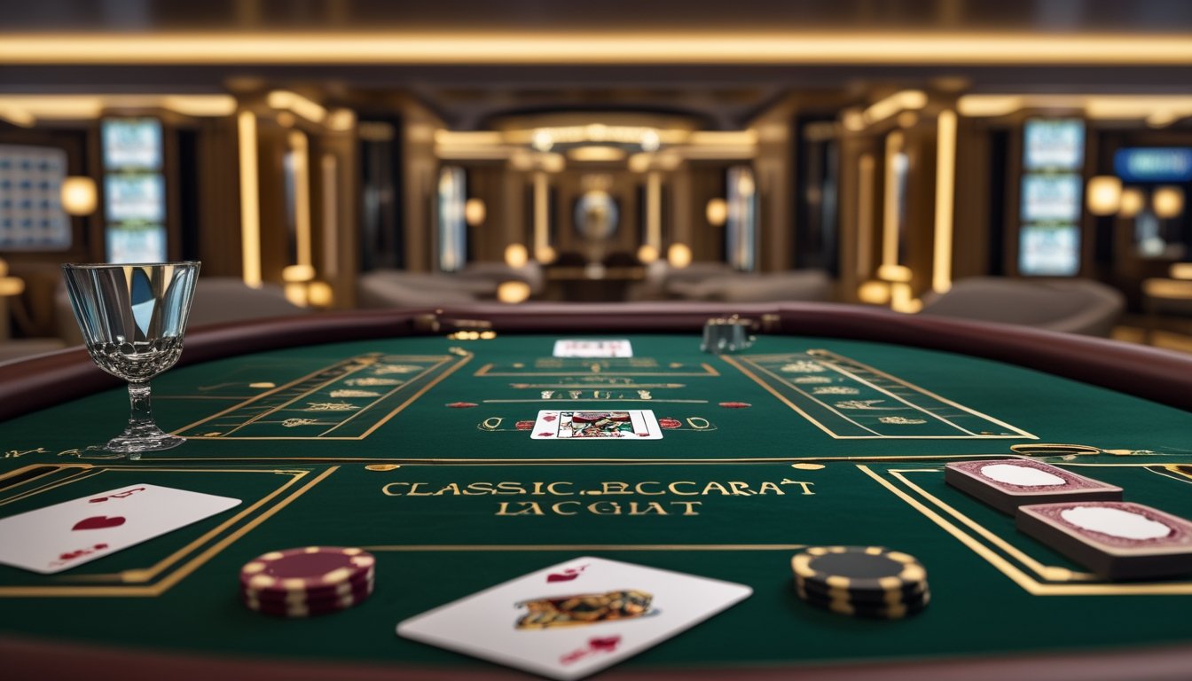 Meja baccarat klasik dengan kartu, keping kasino, dan suasana kasino mewah.
