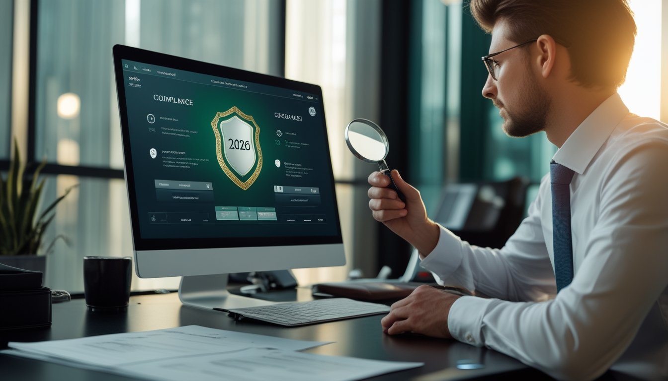 Analis memeriksa keamanan dan kredibilitas platform baccarat online di laptop dalam suasana kantor profesional.
