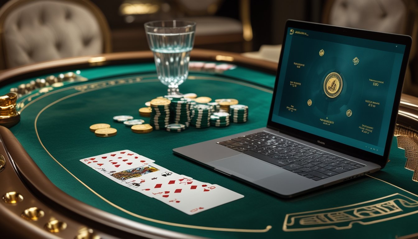 Meja baccarat hijau dengan kartu, chip kasino, dan laptop dalam suasana elegan.