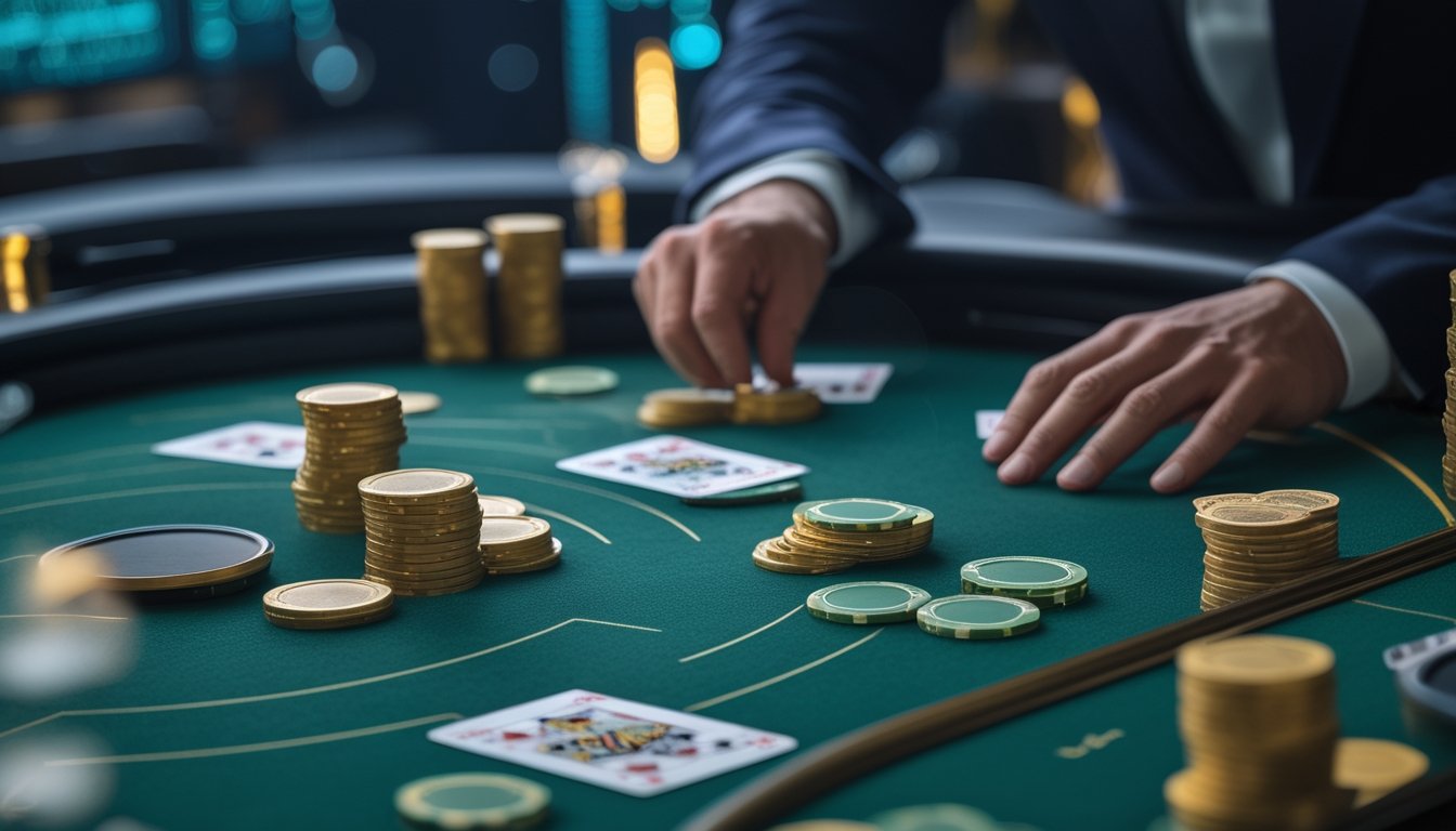 Meja baccarat klasik dengan kartu dan tumpukan chip tersusun rapi dalam suasana kasino elegan.