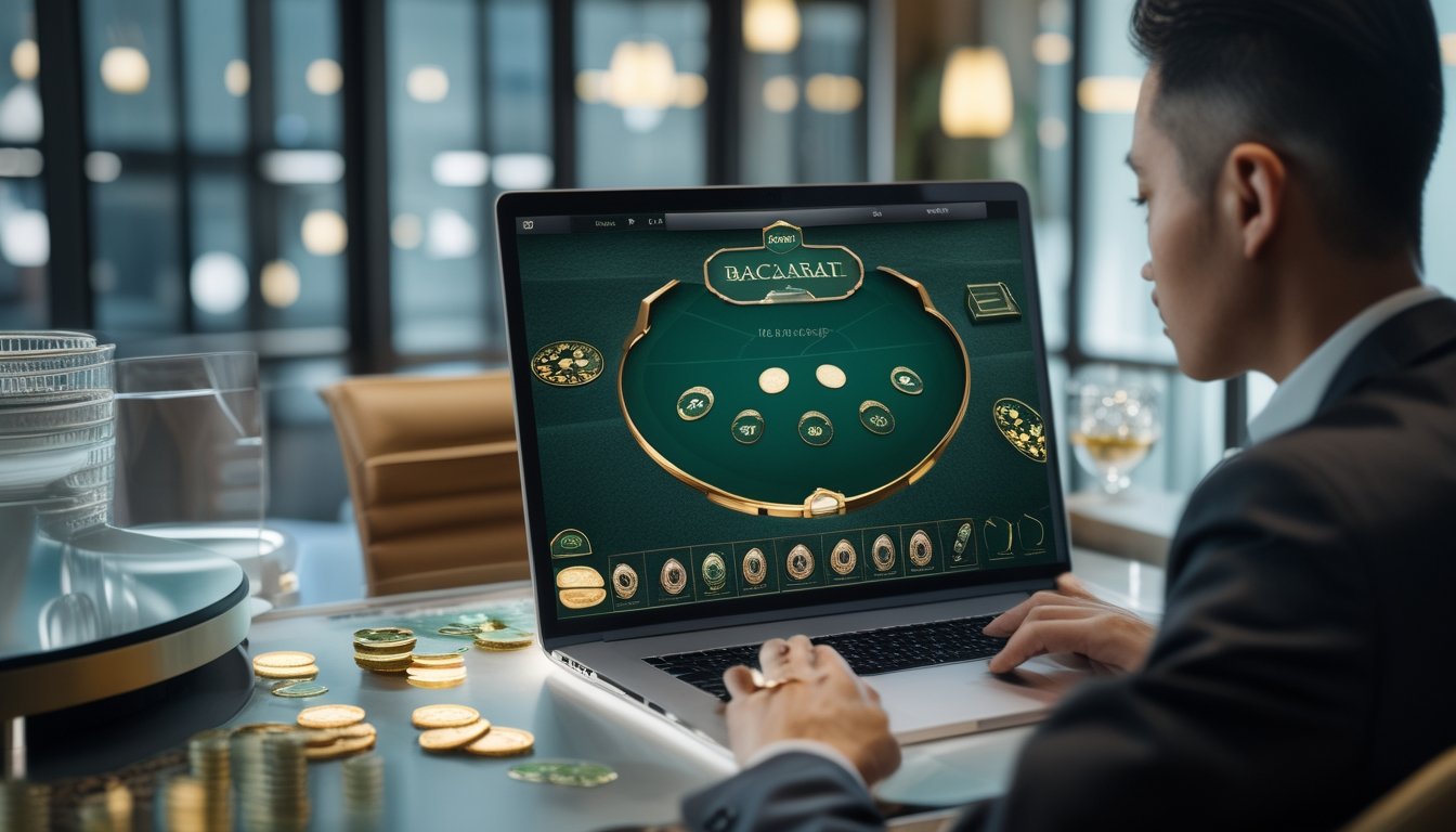 Pemain dewasa menikmati permainan baccarat klasik online di depan laptop dalam suasana elegan.