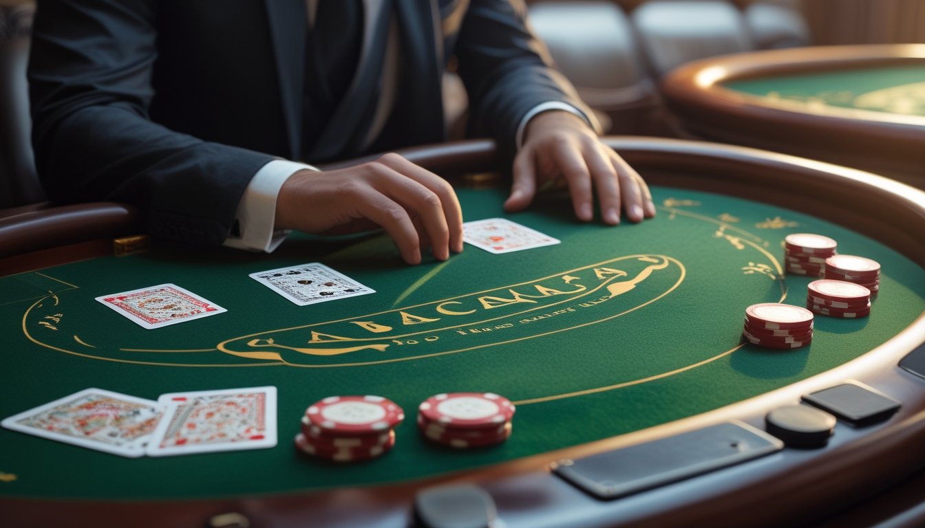 Seorang pemain Indonesia menikmati permainan baccarat klasik di meja elegan dengan kartu dan keping taruhan.
