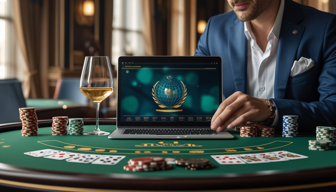 Seorang konsultan meninjau meja baccarat dengan kartu, keping kasino, laptop, dan simbol keamanan.