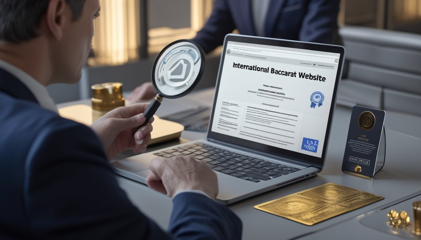 Seseorang memeriksa dokumen lisensi dan keamanan situs baccarat melalui laptop.