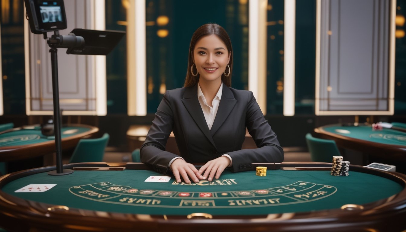 Dealer kasino tersenyum di meja baccarat dengan kartu dan keping di ruang kasino elegan.