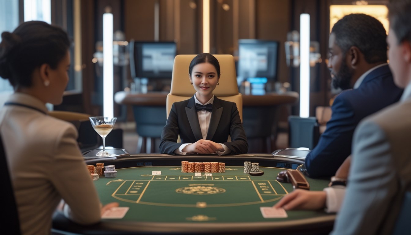 Dealer live memandu permainan baccarat di meja kasino dengan pemain dewasa.