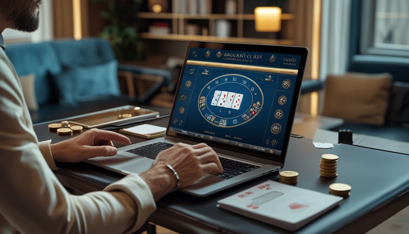 Seseorang mempelajari permainan baccarat klasik di laptop dengan kartu, chip, dan catatan di meja.
