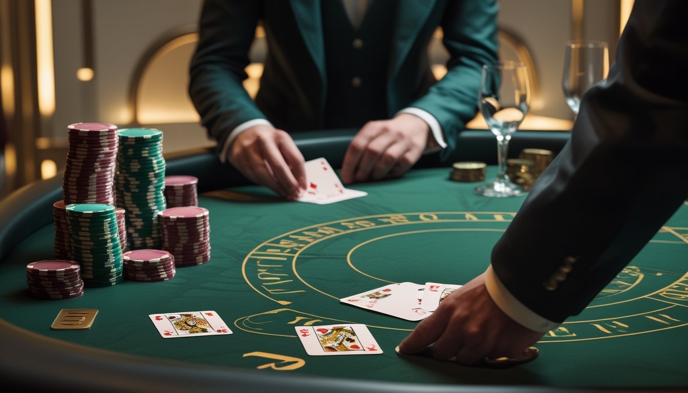 Pemain mengamati kartu dan keping di meja baccarat yang elegan.