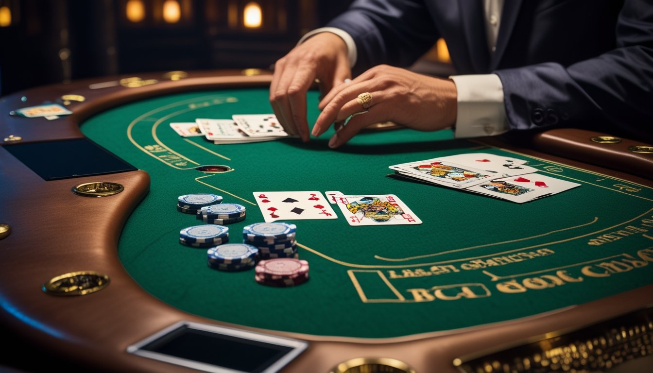 Meja baccarat dengan kartu dan keping kasino di ruangan mewah.